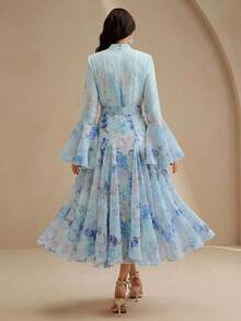 Anewsta 女士优雅度假宽松喇叭袖收腰印花长袍，适合节日、庆典、休闲卡夫坦长袍 - 藍色 - 查看 4