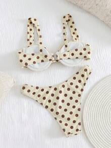 SHEIN Swim 女款夏季天藍色圓點比基尼，復古風情，修身剪裁適合海灘度假，浪漫泳裝套裝適用於陽光海灘與泳池派對 - 黃色 - 查看 2