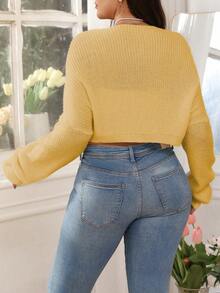 EMERY ROSE Chaqueta corta de punto de talla grande para mujer con bordado de mariposa en unicolor, de moda y versátil para otoño/invierno - Amarillo - Ver 2