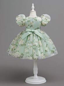 SHEIN Glamorique Kids 少女碎花束腰泡泡袖连衣裙，薄纱泡泡袖优雅派对礼服，适合所有季节 - 綠色 - 查看 3