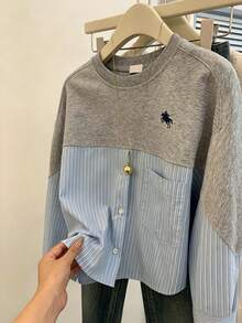SHEIN 女士休闲条纹拼接衬衫，秋季 - 灰色 - 查看 3