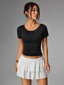 SHEIN HypeZone Áo tập yoga ngắn tay ôm sát, thời trang, thanh lịch dành cho nữ, thiết kế ren chữ U gợi cảm ở lưng, thích hợp cho mùa hè. - màu đen - Xem 2