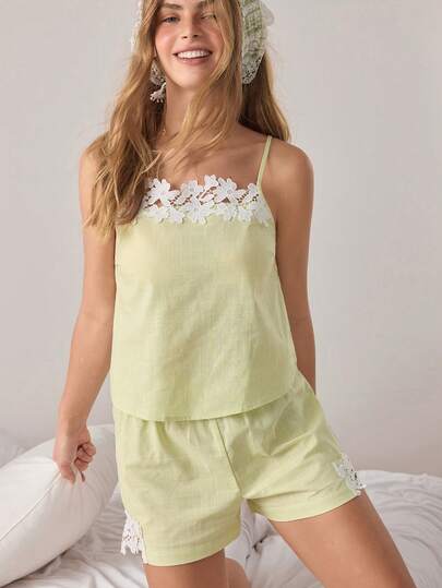 Ocili 100% Baumwolle Jacquard bestickte weiche und bequeme Camisole Pyjama Set für Frauen