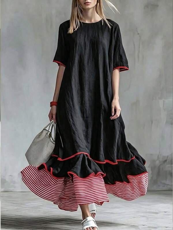 SHEIN Holidaya Đầm nữ kiểu dáng thường ngày kẻ sọc phối bèo nhún, thích hợp cho mùa hè.