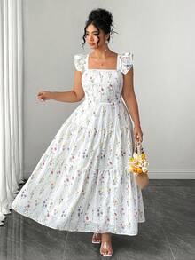 SHEIN Clasi Vestido Casual de Primavera para Saída, Chá da Tarde, Cintura Marcada, Estampa Floral Elegante, Resort Praia, Tamanhos Grandes para Mulheres - Branco - Visão 6