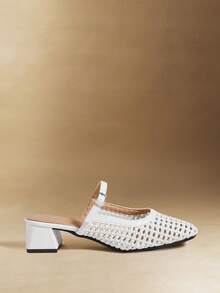 Rosivie Minimalist Modern Woven Mules, Square Toe Chunky Heel Mary Jane Slip-On, Niche Design Woven Mary Jane Slides, Square Toe Chunky Heel Single Strap Mules Summer Shoes - White - View 2