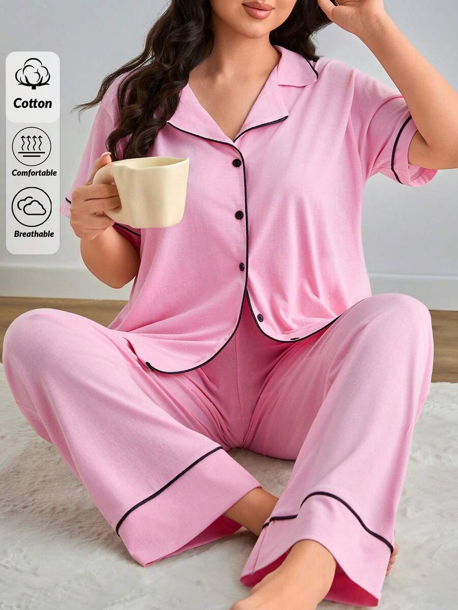 SHEIN Cottnline طقم بيجامة منزلية للنساء من 100% قطن مع تفاصيل ربط - وردي - مشاهدة 1