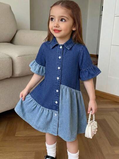 SHEIN LMoss Kids 女童撞色蓝色牛仔宽松衬衫裙