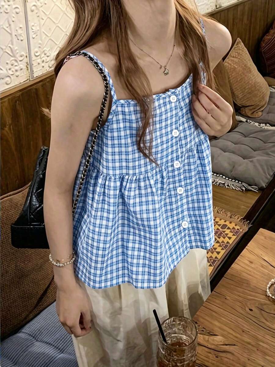 Elyressa 女士格子印花单排扣度假风吊带背心图案T恤女式上衣 - 藍色 - 查看 1