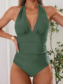 Swim Basics Traje de baño de una pieza con cuello halter de unicolor, para vacaciones casuales - Verde militar - Ver 3