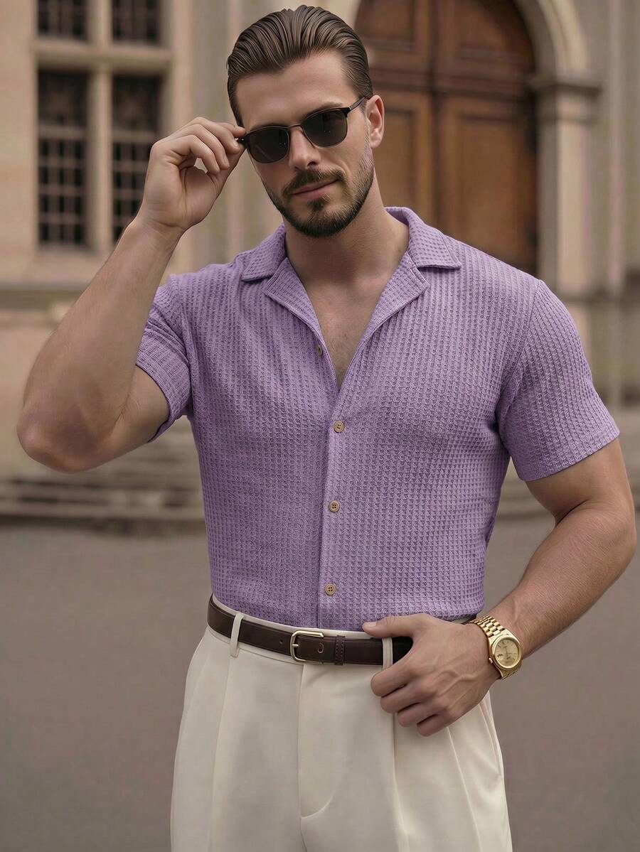 HIMLAND Camisa casual de manga corta de solapa única versátil y de moda para hombres - Púrpura malva - Ver 1