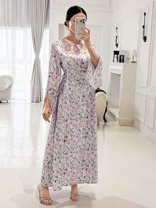 Yasmyna 女士优雅花卉印花交叉裹腰阿拉伯风格连衣裙 - 彩色 - 查看 6