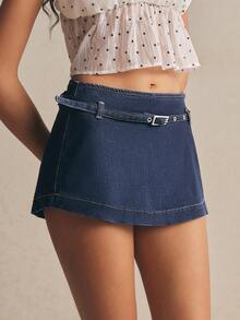 Poéselle Quần short denim nữ kiểu dáng thường ngày có thắt lưng, thích hợp cho mùa hè. - Màu xanh lam - Xem 8