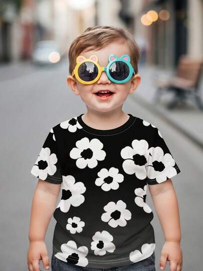 Kids Summer New Black & White Floral Print Short Sleeve T-Shirt, Soft & Breathable, Minimalist Chic Round Neck Design, Loose Casual Fit Suitable For Daily Wear And School