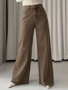 DAZY Quần jeans dài ống rộng màu trơn dành cho nữ, phù hợp với người chân dài. - màu nâu - Xem 4