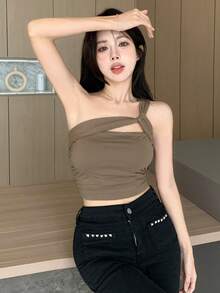 Dazy Star Solid One Shoulder Crop Top Sexy Top Summer Going Out Tops - Apricot - View 4