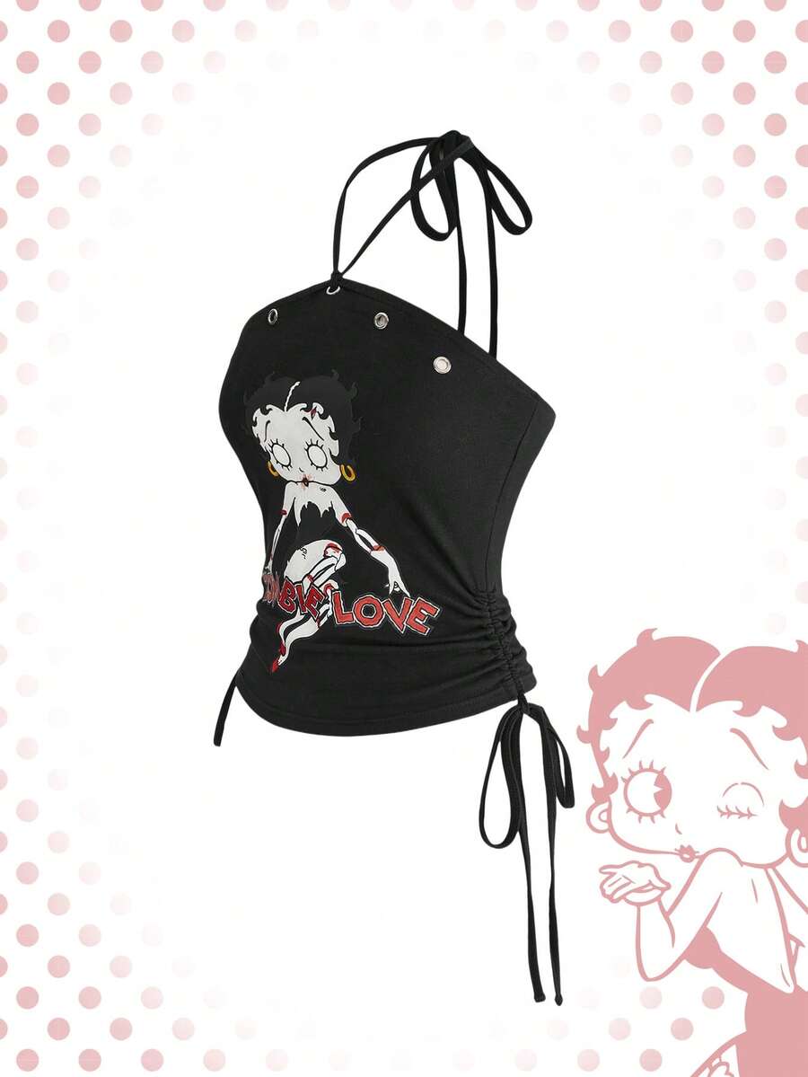 Betty Boop | ROMWE 卡通人物及英文印花修身露背吊带背心,适合夏季及学生穿着。 - 黑色 - 查看 1