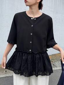 FRIFUL 女士夏季纯色短袖透视蕾丝拼接宽松休闲轻薄外套 - 黑色 - 查看 4