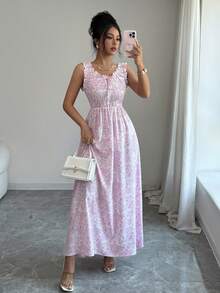 SHEIN LUNE Đầm hai dây eo xếp ly họa tiết hoa nhí màu hồng trắng thanh lịch dành cho nữ, thích hợp cho mùa hè. - Hồng - Xem 3