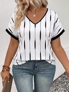 EMERY ROSE Women's Spring/Summer New Arrival Vertical Striped Print V-Neck Short Sleeve Plus Size T-Shirt - Multicolor - View 4