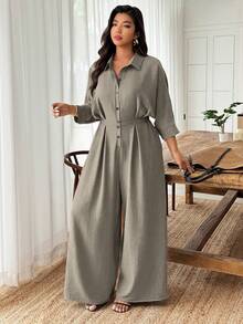 Weeklong Plus Size Women's Collared Jumpsuit With Ruffle Cuff Mid-Sleeve Cinched Waist, Casual & Office Wear - Army Green - View 4
