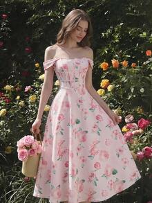 SHEIN MOD Đầm trễ vai in hoa màu hồng dành cho nữ - Hồng - Xem 1