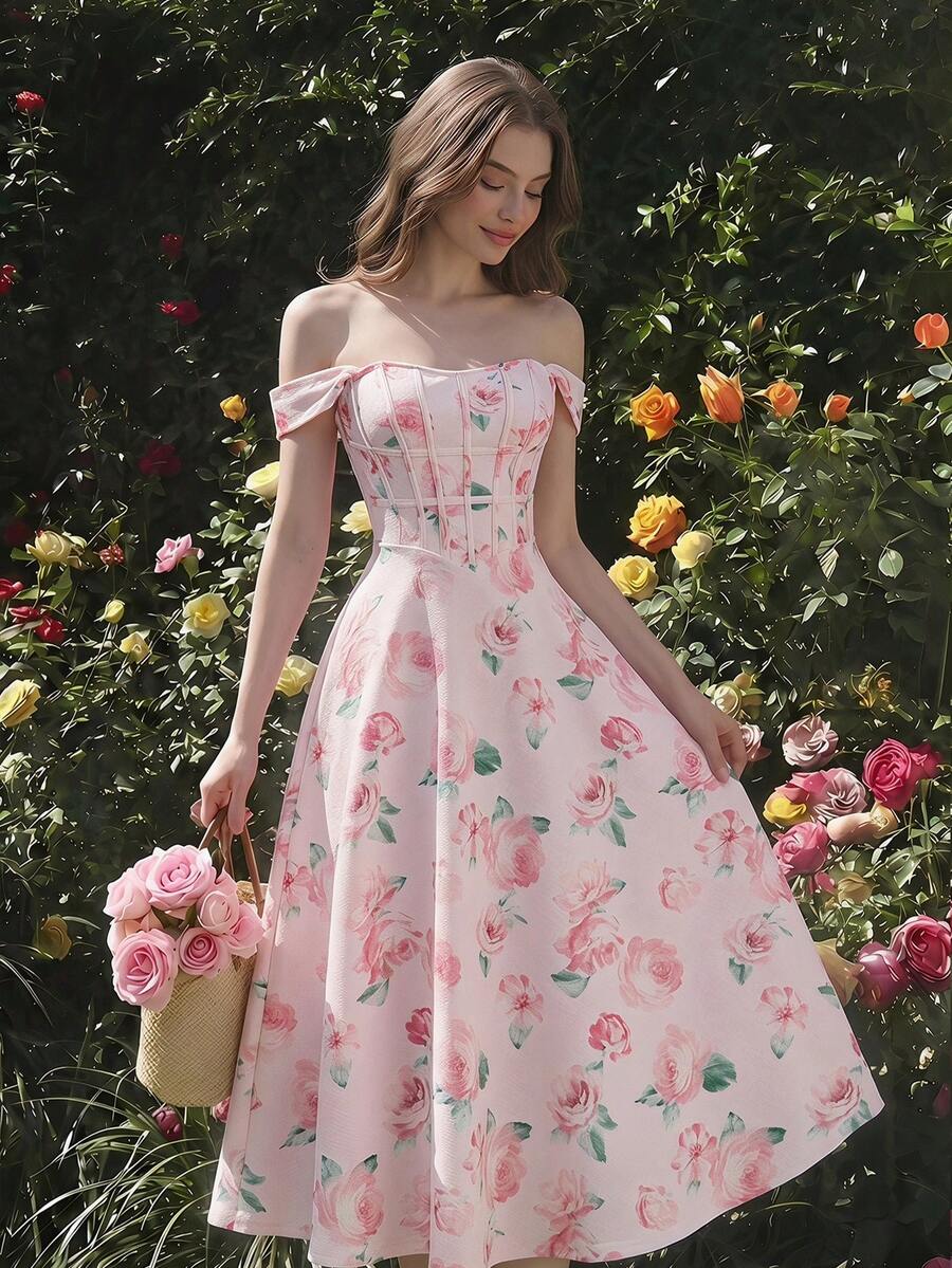 SHEIN MOD Đầm trễ vai in hoa màu hồng dành cho nữ - Hồng - Xem 1