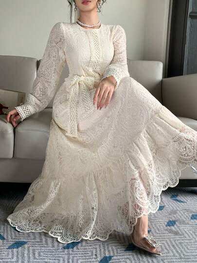DAZY Casual Elegant Lace Cinched Waist Long Dress For Women, Spring & Summer