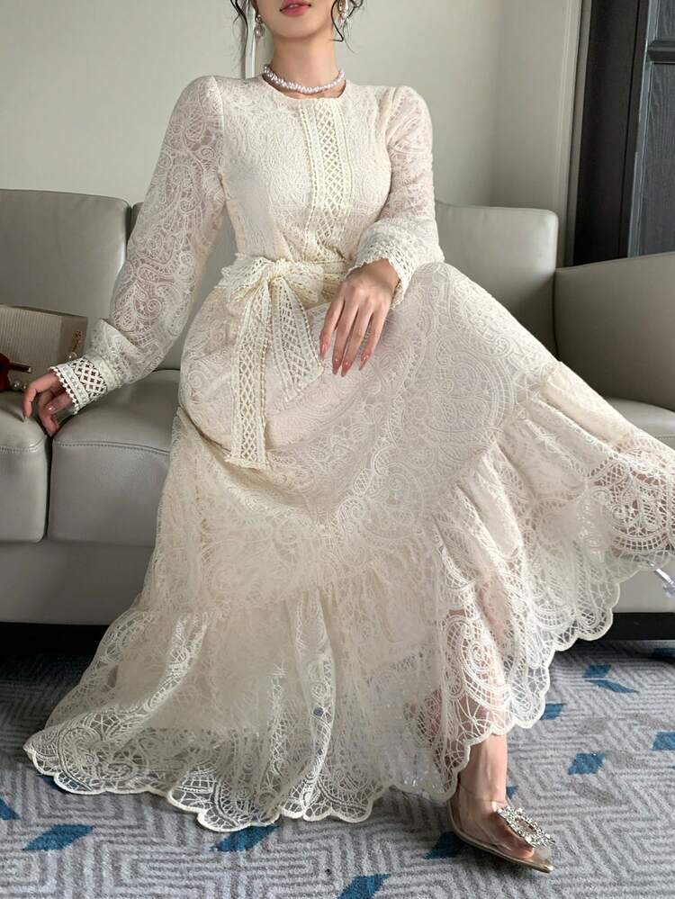 DAZY Casual Romantic Elegant Lace Cinched Waist Long Dress For Women Autumn Sundress Wedding White Sequin Party