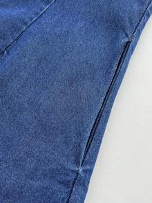Elamini Đầm denim xanh khoét lỗ thời trang dã ngoại dành cho nữ, cài nút và thắt nơ, thích hợp cho mùa xuân/hè. - Rửa trung bình - Xem 4