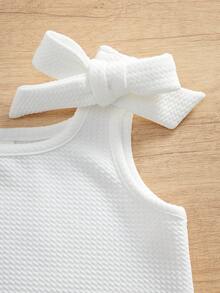 2pcs/Set Cute Summer Knitted Solid Color Bow Romper For Baby Girl - Hot Pink - View 4
