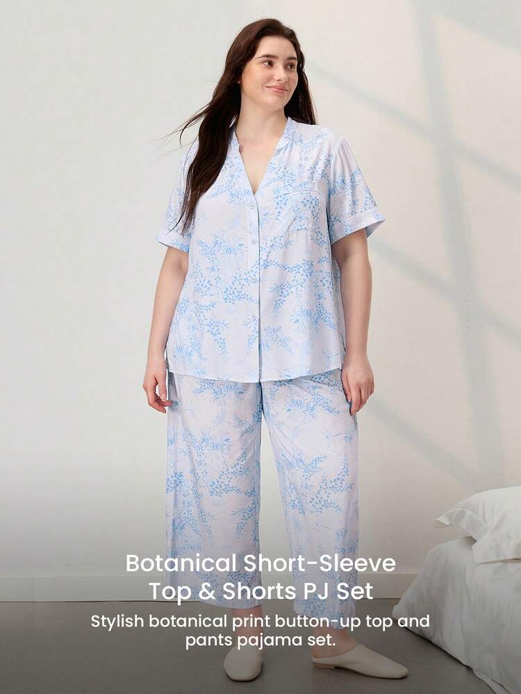 Plus Soft Rayon Vacation Floral Patterned Short-Sleeve Basic Button-Up Top & Pants Loungewear