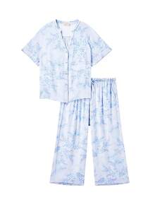 LUVLETTE 大码柔软人造丝度假风印花短袖基础款纽扣上衣和裤子家居服透气睡衣套装裤子带口袋新娘内衣 - 藍色 - 查看 13
