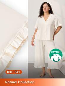 LUVLETTE Damen Große Größen atmungsaktive Baumwolle weiße Braut-Unterwäsche Kurzarm Knopfleiste Top & Hose luftige Loungewear süßes Pyjama Set Hose mit Taschen - Beige - Übersicht 2