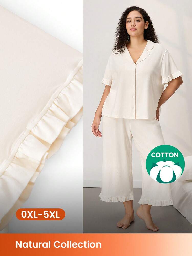 Plus Size Short-Sleeve Button-Up Top & Pants Pajama Set