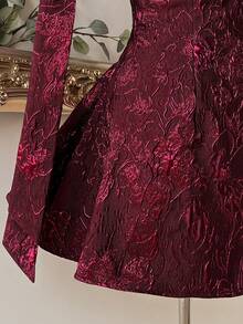 Elegantes romantisches Mode Burgunderrotes Jacquard-Gewebe asymmetrisches Reißverschluss A-Linien Kleid, geeignet für Abschlussfeier, Schulöffnung, Musikfestival, Geburtstagsfest, Hochzeit, Nachmittagstee, Tanzparty, Brautkleid, Geschenk - Bordeaux - Übersicht 6