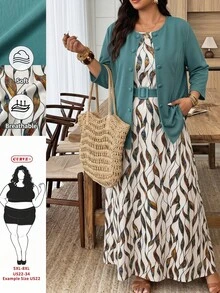 SHEIN CURVE+ Elegantes 2 Stücke Set in Große Größen bestehend aus einfarbiger Jacke und Kleid mit Blume Muster für den Büroalltag - Verschiedenfarbig - Übersicht 1
