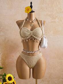 Bellisia Model Terbaru Pakaian Renang Wanita dengan Tali Halter Model Tali Kepang, Pakaian Pantai dengan Aksesoris Laut, Set 3 Potong Baju Renang Warna Beige untuk Musim Semi, Musim Panas, dan Musim Gugur - Khaki - View 4