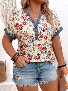 EMERY ROSE Women's Spring/Summer New Arrival Floral Print Patchwork Faux Denim Print Casual Versatile Plus Size T-Shirt - Multicolor - View 3