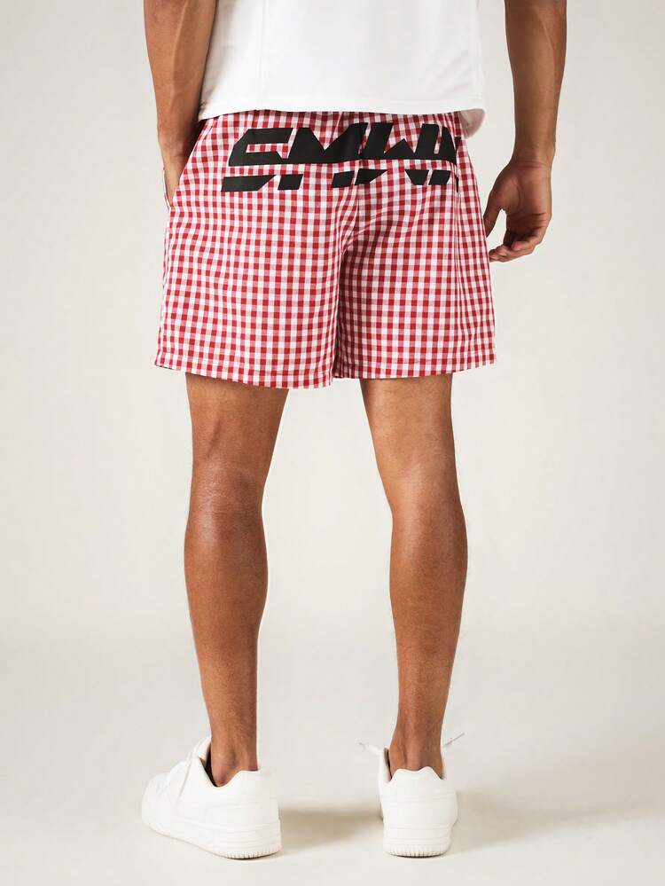 Pull-On Gingham Check Shorts With Back Logo Graphic Print, Drawstring Waist, Summer Holiday