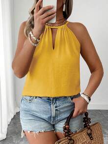 EMERY ROSE Plus Size Fashionable Apricot Spaghetti Strap Casual Loose Slimming Camisole With Sexy Shoulder Strap Design, Elegant For Women - Yellow - View 5