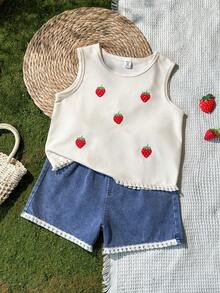 SHEIN Vintaside Kids 女童夏季圆领无袖简约休闲时尚百搭背心，搭配时尚百搭休闲水洗牛仔短裤套装，适合旅行、度假或日常休闲参加家庭聚会。 - 白色 - 查看 3