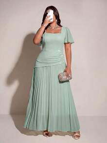Viva Relle Plus Size Women's Sage Green Summer Elegant Wedding Guest Dress,Luxury Square Neck Short Ruffle Sleeve Rhinestone Pleated Long Formal Dress - Green - View 4