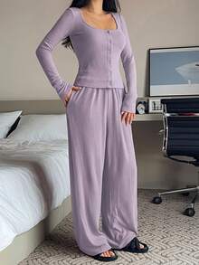 DAZY Bộ 2 món gồm áo thun dệt kim mềm mại ôm sát và quần pajama rộng rãi dành cho nữ, thích hợp mặc nhà vào mùa thu/đông và xuân. - Màu tím hoa cà - Xem 5