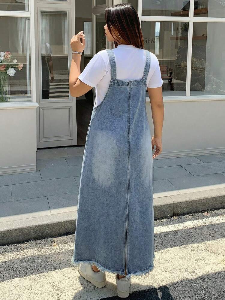 Dazy Plus Plus Size Dark Wash Distressed Denim Pinafore Maxi A-Line Dress, All Season Sun Dresses For Women