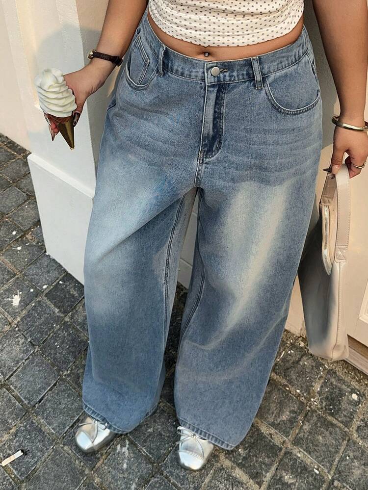 Dazy Plus Loose High Waist Slimming Straight Leg Jeans, Minimalist Versatile Comfortable Floor-Length Plus Size Women Jeans, All Season