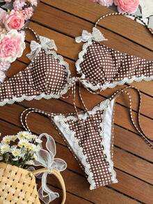 SHEIN Swim 女款兩件式泳衣套裝，隨機碎花圖案，細肩帶，蕾絲飾邊三角泳褲 - 彩色 - 查看 4