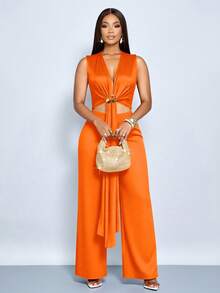 SOLERSUN Bộ jumpsuit nữ màu đỏ tía thanh lịch không tay, cổ chữ V sâu, khoét eo, thắt lưng kim loại xếp nếp, ống rộng, thích hợp cho buổi tối/tiệc tùng/hẹn hò. - trái cam - Xem 5