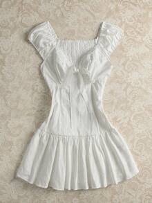 Elamini Đầm ngắn mùa hè ôm dáng, màu trơn, viền ren, cổ chữ V, thắt nơ, chất liệu 100% cotton dành cho nữ, phong cách ngọt ngào và quyến rũ. - trắng - Xem 1