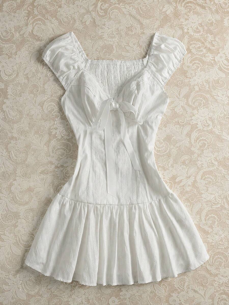 Elamini Đầm ngắn mùa hè ôm dáng, màu trơn, viền ren, cổ chữ V, thắt nơ, chất liệu 100% cotton dành cho nữ, phong cách ngọt ngào và quyến rũ. - trắng - Xem 1